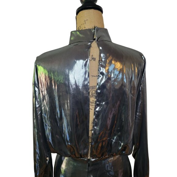 Zara Metallic Silver Long Sleeve Mock Neck Open Back Mini Dress Medium - Picture 4 of 9